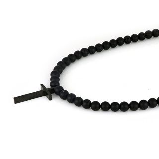 Men's necklace with black agate and stainless steel black cross - 