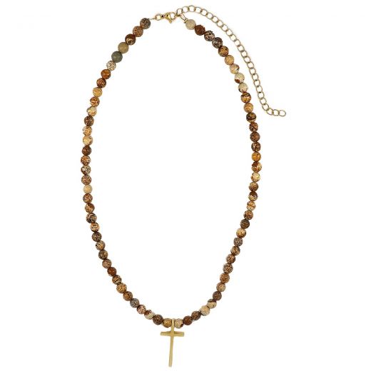 Men's necklace with brown jasper and gold plated stainless steel cross