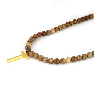 Men's necklace with brown jasper and gold plated stainless steel cross - 