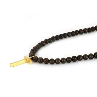 Men's necklace with agate and stainless steel gold plated cross - 