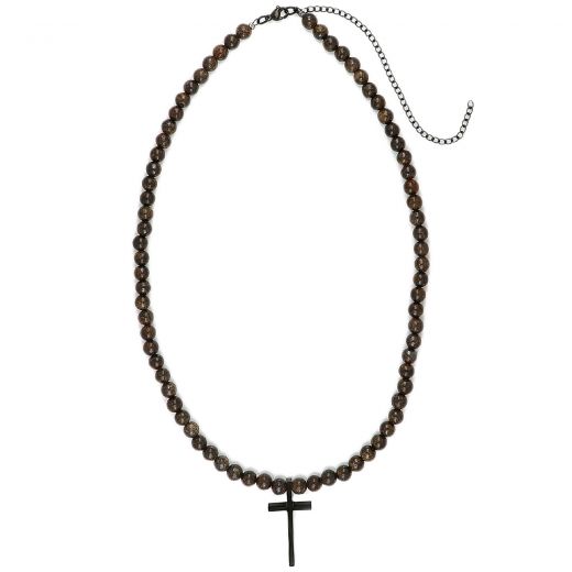 Men's necklace with agate and stainless steel black cross