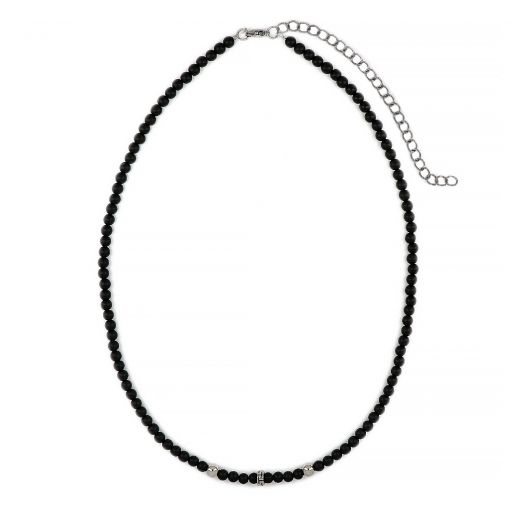 Men's necklace with black onyx, two balls and stainless steel meander design