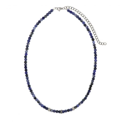 Men's necklace with sodalite, two balls and stainless steel meander design