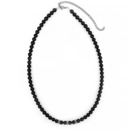 Men's necklace with black onyx and three stainless steel meander designs