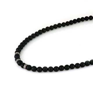 Men's necklace with black onyx and three stainless steel meander designs - 