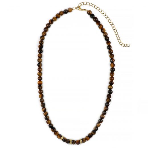 Men's necklace with tiger eye and three gold plated stainless steel meander designs