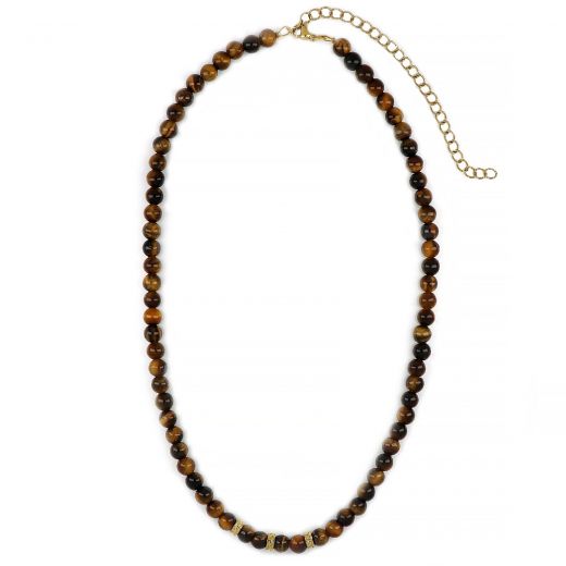 Men's necklace with tiger eye and three gold plated stainless steel meander designs