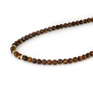 Men's necklace with tiger eye and three gold plated stainless steel meander designs - 