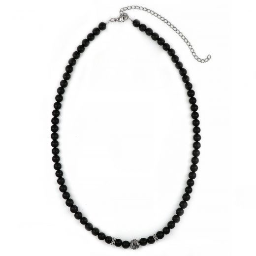 Men's necklace with black onyx, two meander designs and stainless steel embossed ball