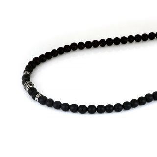 Men's necklace with black onyx, two meander designs and stainless steel embossed ball - 