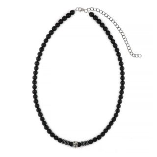 Men's necklace with black onyx, hematite beads and stainless steel meander design Men's necklace with black onyx, hematite beads and stainless steel meander design
