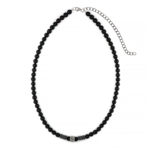 Men's necklace with black onyx, hematite beads and stainless steel meander design