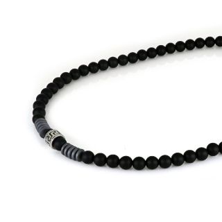 Men's necklace with black onyx, hematite beads and stainless steel meander design - 