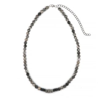 Men's necklace with grey jasper, hematite beads and stainless steel meander design Men's necklace with grey jasper, hematite beads and stainless steel meander design