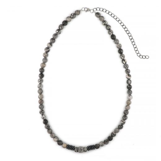 Men's necklace with grey jasper, hematite beads and stainless steel meander design