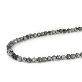 Men's necklace with grey jasper, hematite beads and stainless steel meander design - 
