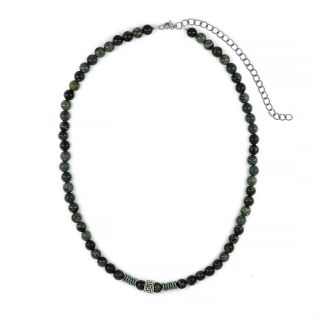Men's necklace with green agate, green hematite beads and stainless steel meander design Men's necklace with green agate, green hematite beads and stainless steel meander design