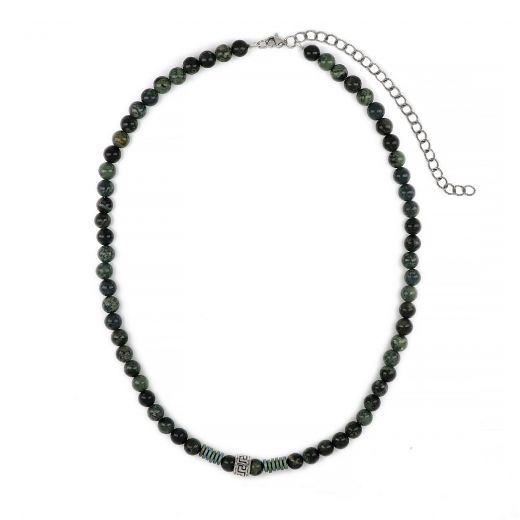 Men's necklace with green agate, green hematite beads and stainless steel meander design