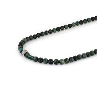 Men's necklace with green agate, green hematite beads and stainless steel meander design - 