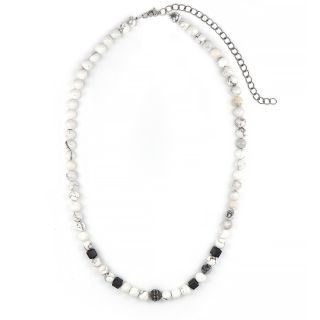 Men's necklace with white chaolite, square black hematite beads and stainless steel embossed ball Men's necklace with white chaolite, square black hematite beads and stainless steel embossed ball