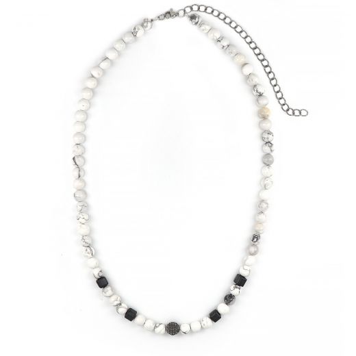 Men's necklace with white chaolite, square black hematite beads and stainless steel embossed ball