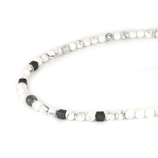 Men's necklace with white chaolite, square black hematite beads and stainless steel embossed ball - 