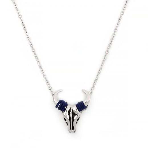 Pendant made of stainless steel with BULL design with blue cord and chain.