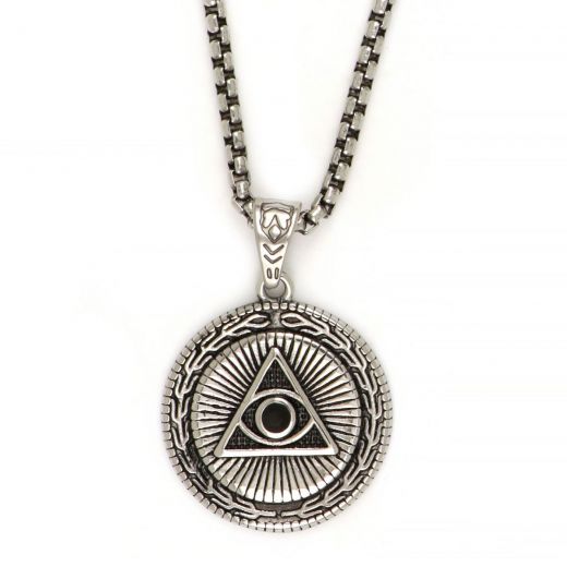 Pendant made of stainless steel with round element with an embossed Egyptian eye and chain.