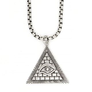 Pendant made of stainless steel with a triangle with an embossed Egyptian eye and chain. Pendant made of stainless steel with a triangle with an embossed Egyptian eye and chain.