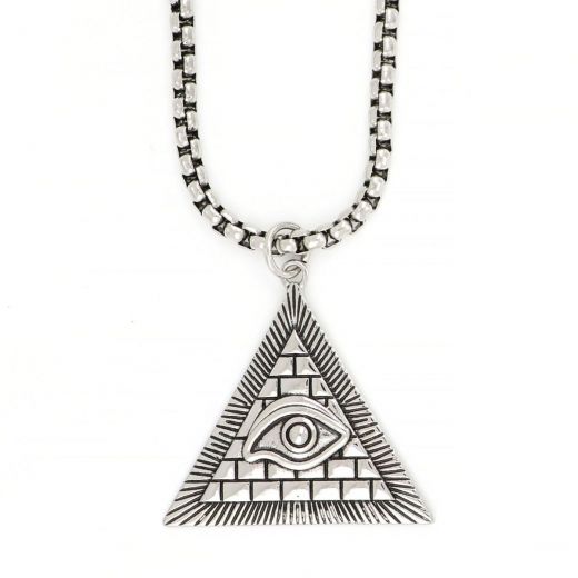 Pendant made of stainless steel with a triangle with an embossed Egyptian eye and chain.