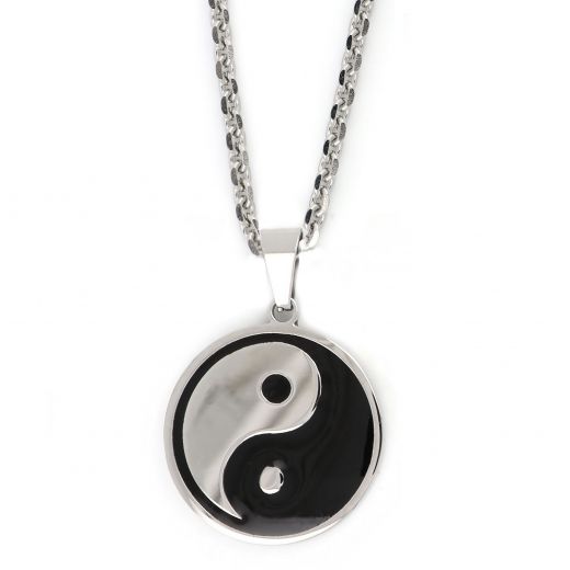 Pendant made of stainless steel with round element with YIN YANG design and chain.