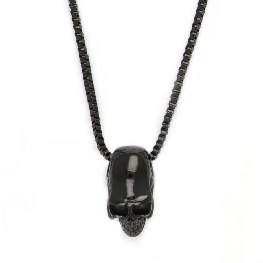 Pendant made of stainless steel with skull and chain in black color.