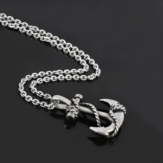 Pendant made of stainless steel with anchor white braided with rope and chain. - 
