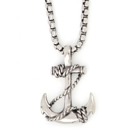Pendant made of stainless steel with anchor white braided with rope and chain.