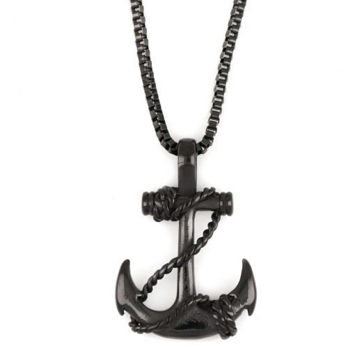 Pendant made of stainless steel with anchor black braided with rope and chain.