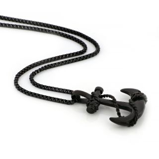 Pendant made of stainless steel with anchor black braided with rope and chain. - 
