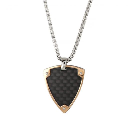 Men's stainless steel rose gold pendant with black carbon fiber and chain