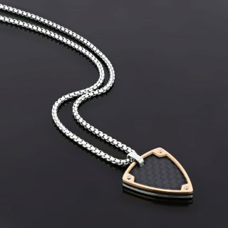 Men's stainless steel rose gold pendant with black carbon fiber and chain - 