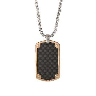 Men's stainless steel rose gold rectangular pendant with black carbon fiber and chain Men's stainless steel rose gold rectangular pendant with black carbon fiber and chain