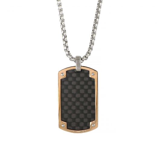 Men's stainless steel rose gold rectangular pendant with black carbon fiber and chain