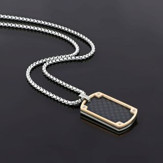 Men's stainless steel rose gold rectangular pendant with black carbon fiber and chain - 