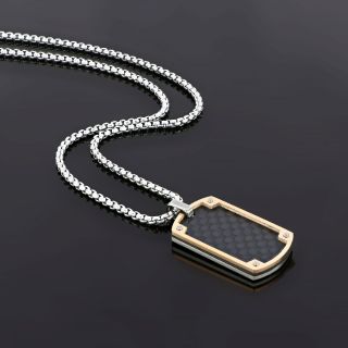 Men's stainless steel rose gold rectangular pendant with black carbon fiber and chain - 