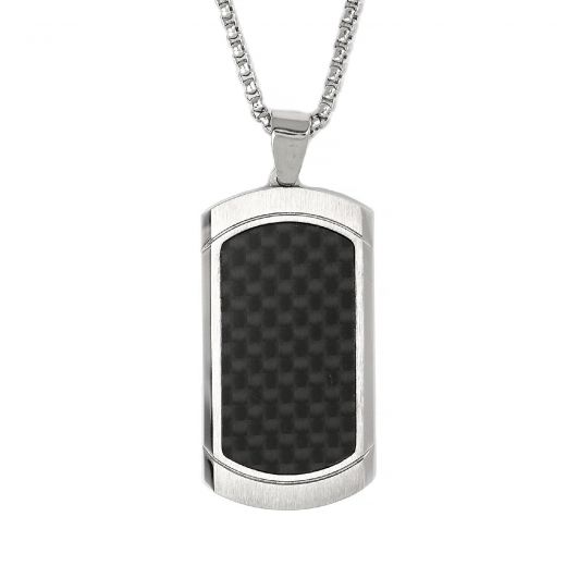 Men's stainless steel rectangular pendant with black carbon fiber and chain