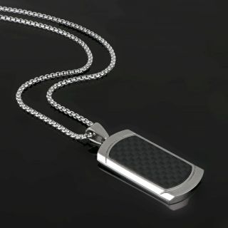 Men's stainless steel rectangular pendant with black carbon fiber and chain - 