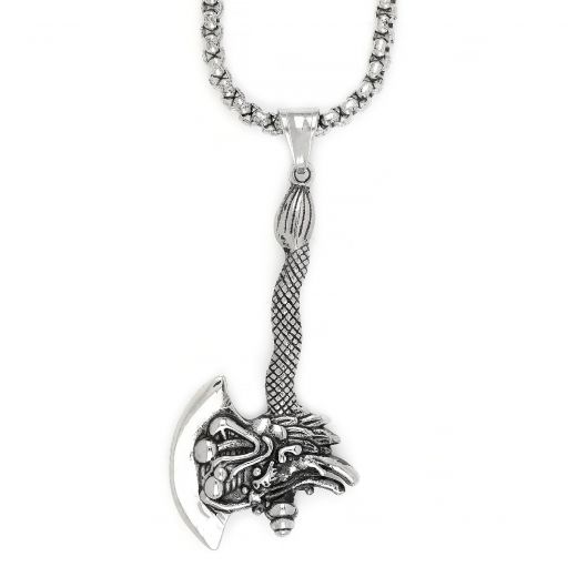 Men's stainless steel embossed dragon in axe and chain