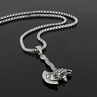 Men's stainless steel embossed dragon in axe and chain - 