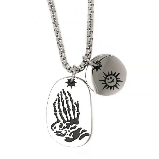 Men's stainless steel pendant with skeleton hand and sun and chain