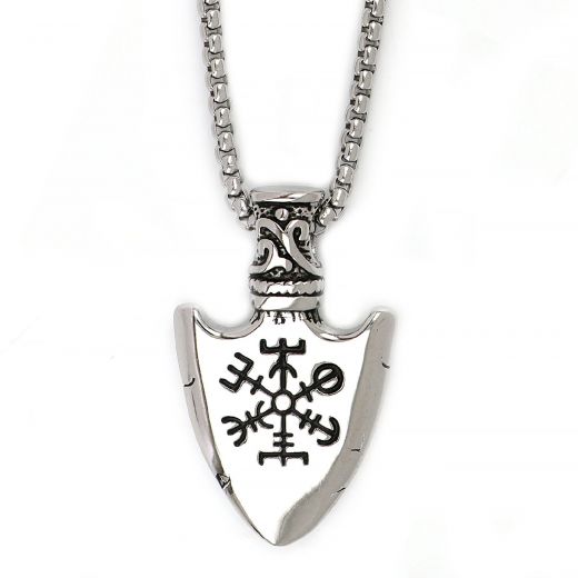 Men's stainless steel double face pendant with Gungnir Viking spear and chain