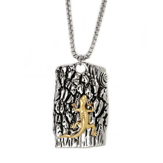 Men's stainless steel pendant with embossed design and gold plated lizard and chain