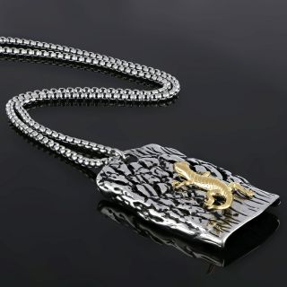 Men's stainless steel pendant with embossed design and gold plated lizard and chain - 